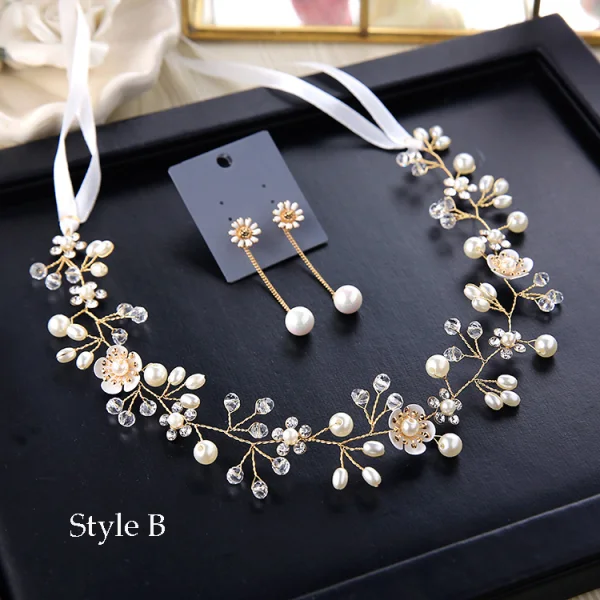Elegant Ivory Headbands 2020 Metal Lace-up Rhinestone Pearl Headpieces Earrings Wedding Bridal Hair Accessories