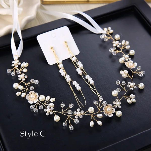 Elegant Ivory Headbands 2020 Metal Lace-up Rhinestone Pearl Headpieces Earrings Wedding Bridal Hair Accessories