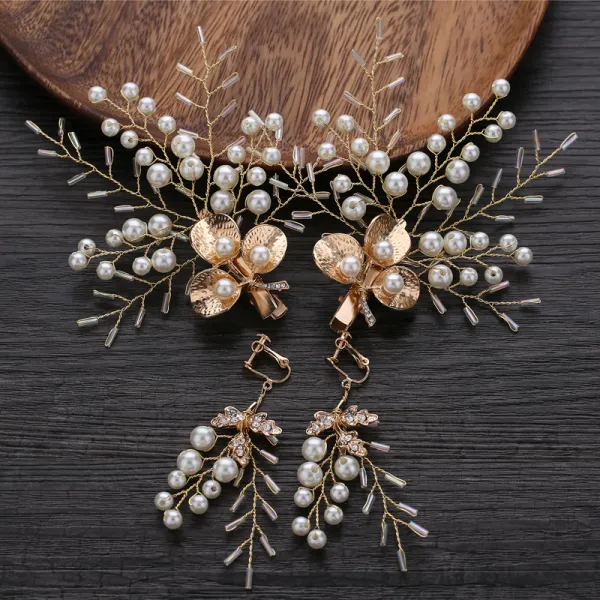 Chic / Beautiful Gold Bridal Hair Accessories 2019 Metal Beading Pearl Earrings Headpieces Wedding Accessories