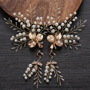 Schöne Gold Haarschmuck Braut 2019 Metall Perlenstickerei Perle Ohrringe Kopfschmuck Hochzeit Brautaccessoires