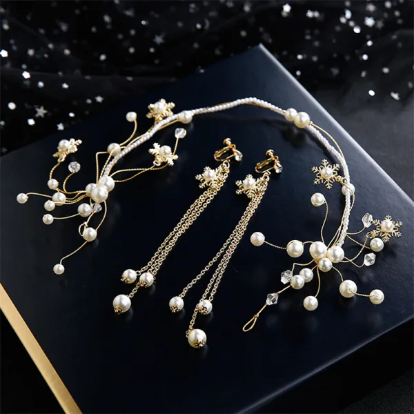 Chic / Beautiful Gold Bridal Jewelry 2020 Metal Pearl Crystal Headpieces Tassel Earrings Wedding Accessories
