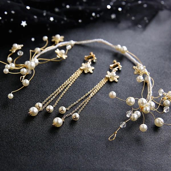 Chic / Beautiful Gold Bridal Jewelry 2020 Metal Pearl Crystal Headpieces Tassel Earrings Wedding Accessories