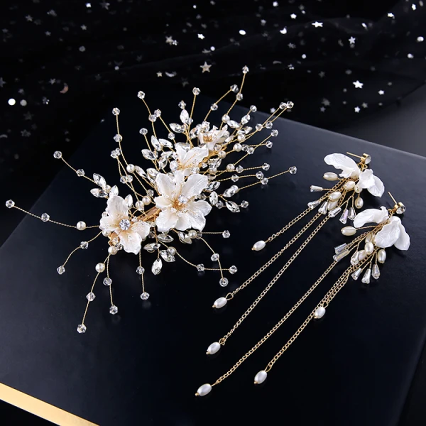 Schöne Gold Brautschmuck 2019 Metall Strass Perle Kristall Blumen Kopfschmuck Quaste Ohrringe Hochzeit Brautaccessoires