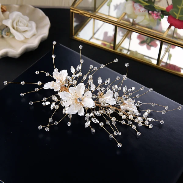 Schöne Gold Brautschmuck 2019 Metall Strass Perle Kristall Blumen Kopfschmuck Quaste Ohrringe Hochzeit Brautaccessoires
