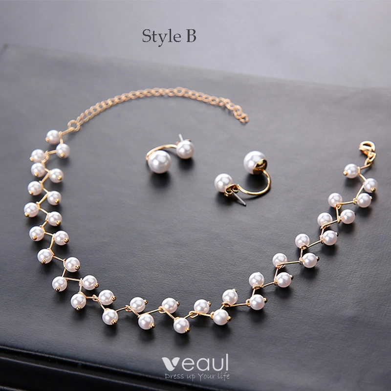 Modest / Simple Ivory Pearl Necklace 2020 Metal Wedding Bridal Jewelry  Accessories