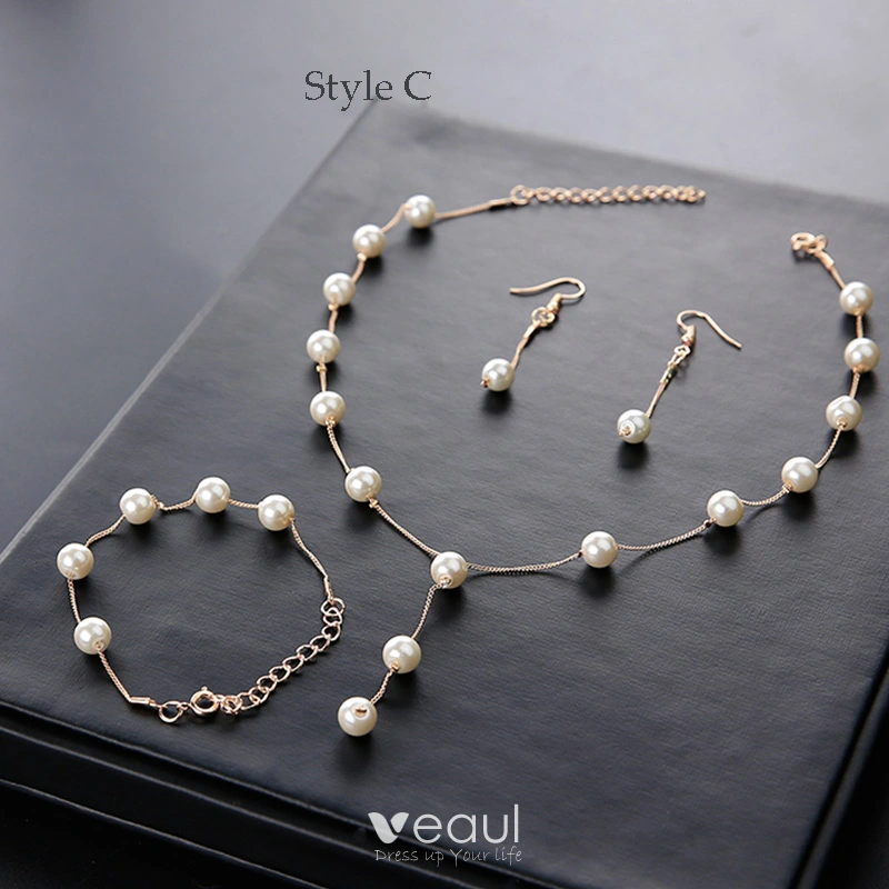 Modest / Simple Ivory Pearl Necklace 2020 Metal Wedding Bridal Jewelry  Accessories