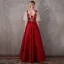 Modern / Fashion Red Prom Dresses 2018 A-Line / Princess Scoop Neck 1/2 Sleeves Appliques Lace Beading Sash Floor-Length / Long Ruffle Backless Formal Dresses