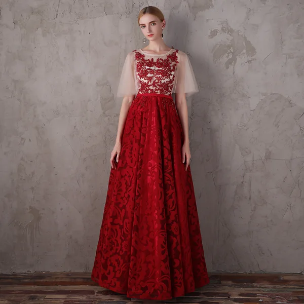 Modern / Fashion Red Prom Dresses 2018 A-Line / Princess Scoop Neck 1/2 Sleeves Appliques Lace Beading Sash Floor-Length / Long Ruffle Backless Formal Dresses