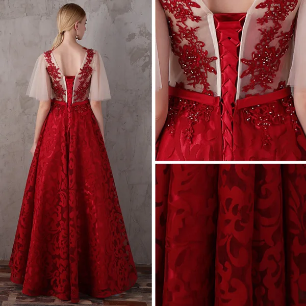 Modern / Fashion Red Prom Dresses 2018 A-Line / Princess Scoop Neck 1/2 Sleeves Appliques Lace Beading Sash Floor-Length / Long Ruffle Backless Formal Dresses