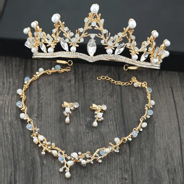 Schöne Gold Diadem Ohrringe Halskette 2019 Metall Strass Perle Brautschmuck Hochzeit Brautaccessoires