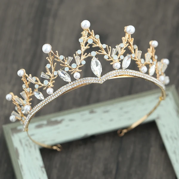Chic / Beautiful Gold Tiara Earrings Necklace 2019 Metal Rhinestone Pearl Bridal Jewelry Wedding Accessories