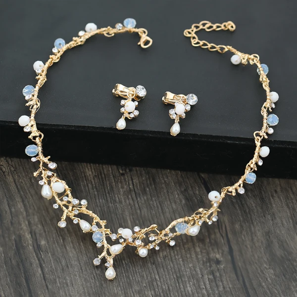 Chic / Beautiful Gold Tiara Earrings Necklace 2019 Metal Rhinestone Pearl Bridal Jewelry Wedding Accessories