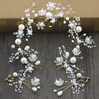 Flower Fairy Gold Bridal Jewelry 2020 Metal Beading Pearl Flower Headpieces Earrings Wedding Accessories