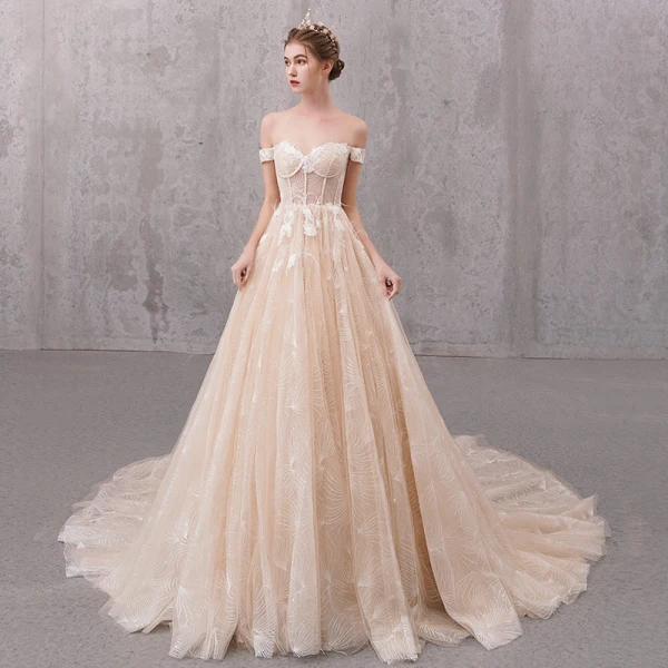 Classy Champagne Wedding Dresses 2020 A-Line / Princess Shoulders Short Sleeve Backless Glitter Tulle Appliques Lace Beading Court Train Ruffle