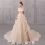 Classy Champagne Wedding Dresses 2020 A-Line / Princess Shoulders Short Sleeve Backless Glitter Tulle Appliques Lace Beading Court Train Ruffle