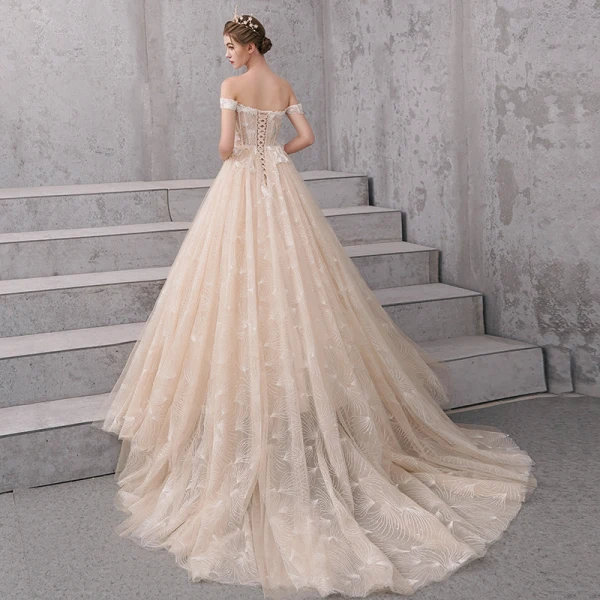 Classy Champagne Wedding Dresses 2020 A-Line / Princess Shoulders Short Sleeve Backless Glitter Tulle Appliques Lace Beading Court Train Ruffle