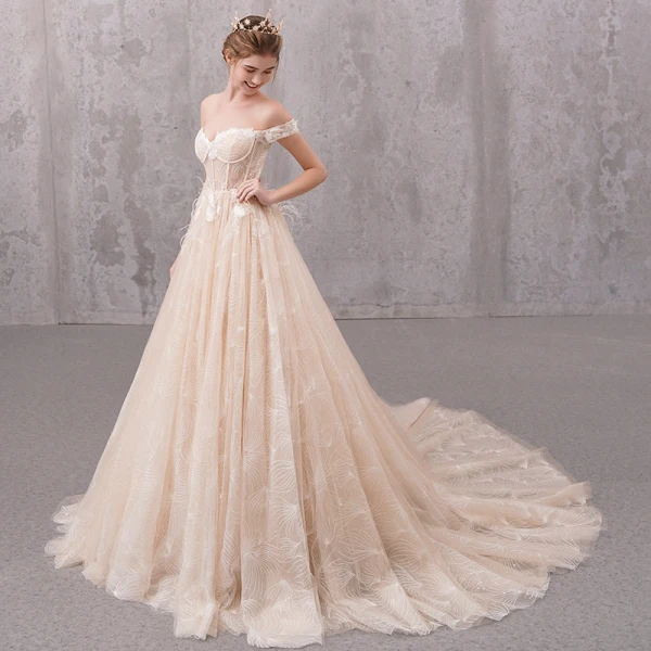 Classy Champagne Wedding Dresses 2020 A-Line / Princess Shoulders Short Sleeve Backless Glitter Tulle Appliques Lace Beading Court Train Ruffle
