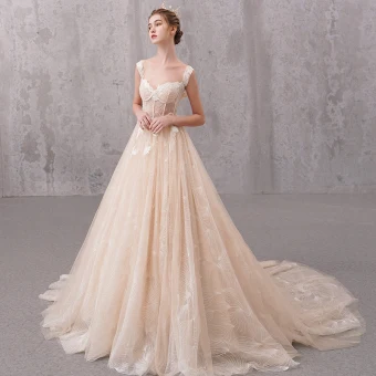 Chic Champagne Robe De Mariée 2020 Princesse Épaules Manches Courtes Dos Nu Glitter Tulle Appliques En Dentelle Perlage Tribunal Train Volants