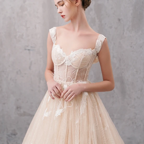 Classy Champagne Wedding Dresses 2020 A-Line / Princess Shoulders Short Sleeve Backless Glitter Tulle Appliques Lace Beading Court Train Ruffle