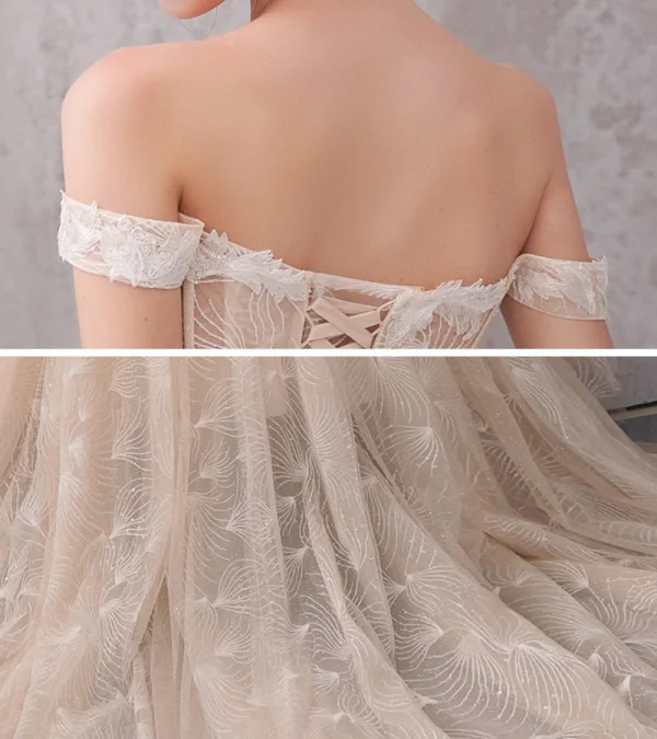 Classy Champagne Wedding Dresses 2020 A-Line / Princess Shoulders Short Sleeve Backless Glitter Tulle Appliques Lace Beading Court Train Ruffle