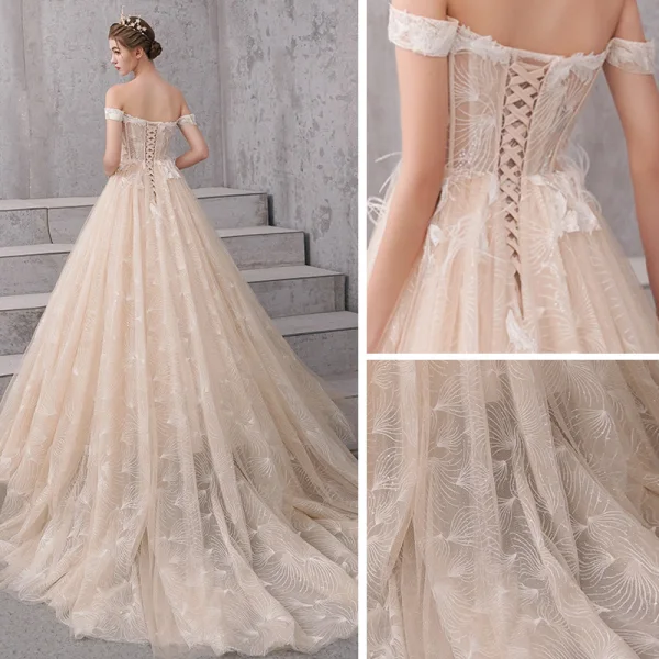 Classy Champagne Wedding Dresses 2020 A-Line / Princess Shoulders Short Sleeve Backless Glitter Tulle Appliques Lace Beading Court Train Ruffle