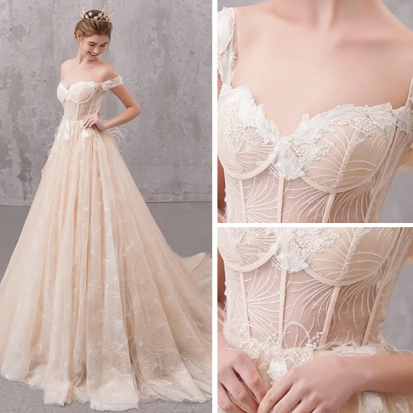 Classy Champagne Wedding Dresses 2020 A-Line / Princess Shoulders Short Sleeve Backless Glitter Tulle Appliques Lace Beading Court Train Ruffle