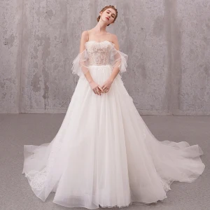 Illusion Ivory See Through Wedding Dresses 2020 A Line Princess Scoop Neck Short Sleeve Appliques Lace Beading Pearl Chapel Train Ruffle