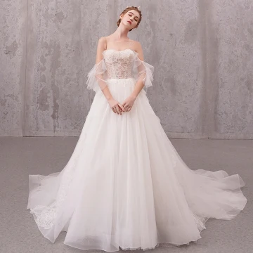 Illusion Ivory See Through Wedding Dresses 2020 A Line Princess Scoop Neck Short Sleeve Appliques Lace Beading Pearl Chapel Train Ruffle