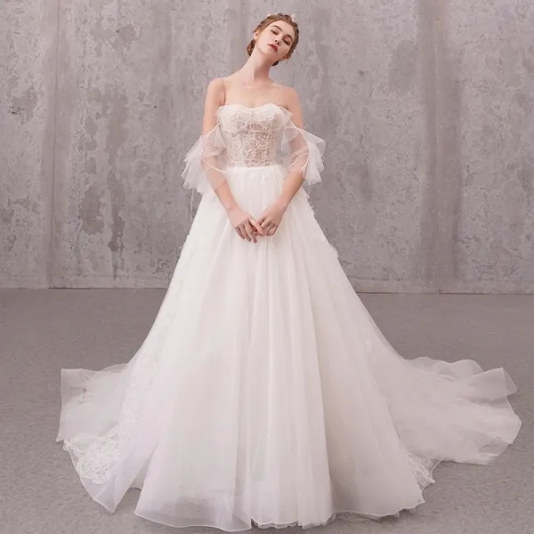 Illusion Ivory See-through Wedding Dresses 2020 A-Line / Princess Scoop ...