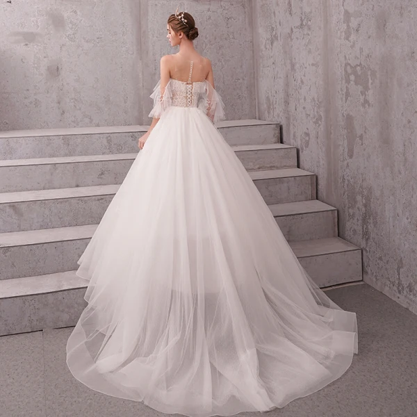 Illusion Ivory See-through Wedding Dresses 2020 A-Line / Princess Scoop Neck Short Sleeve Appliques Lace Beading Pearl Chapel Train Ruffle