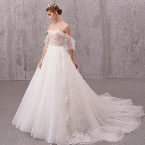 Illusion Ivory See-through Wedding Dresses 2020 A-Line / Princess Scoop Neck Short Sleeve Appliques Lace Beading Pearl Chapel Train Ruffle