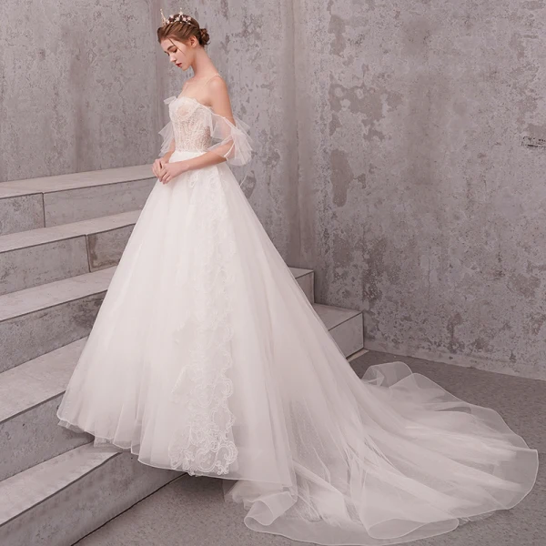 Illusion Ivory See-through Wedding Dresses 2020 A-Line / Princess Scoop Neck Short Sleeve Appliques Lace Beading Pearl Chapel Train Ruffle