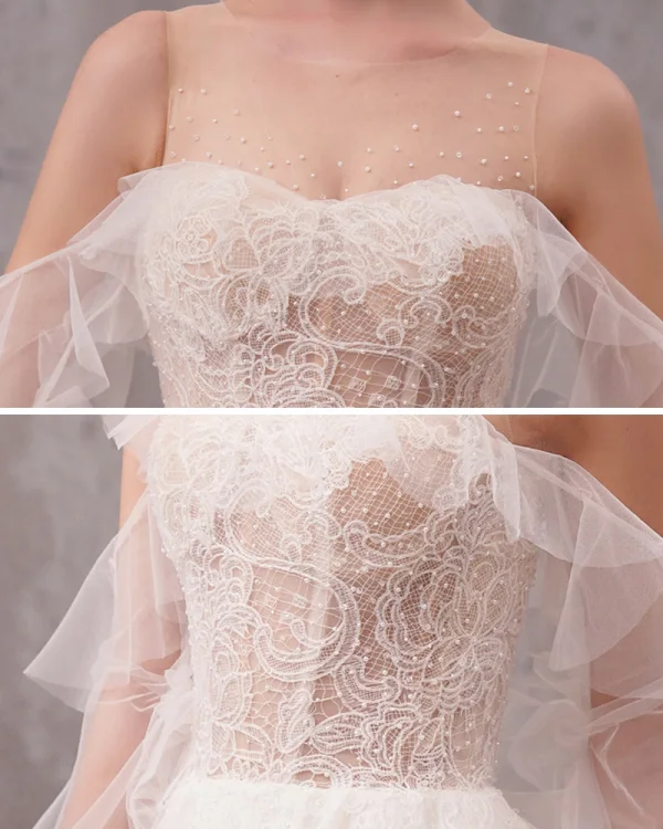 Illusion Ivory See-through Wedding Dresses 2020 A-Line / Princess Scoop Neck Short Sleeve Appliques Lace Beading Pearl Chapel Train Ruffle