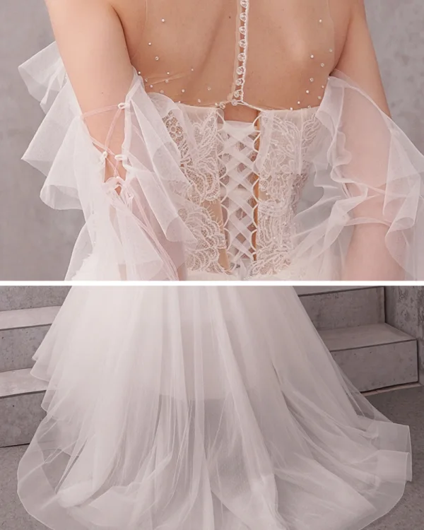 Illusion Ivory See-through Wedding Dresses 2020 A-Line / Princess Scoop Neck Short Sleeve Appliques Lace Beading Pearl Chapel Train Ruffle