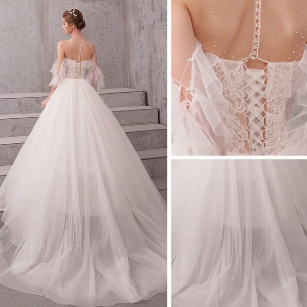 Illusion Ivory See-through Wedding Dresses 2020 A-Line / Princess Scoop Neck Short Sleeve Appliques Lace Beading Pearl Chapel Train Ruffle