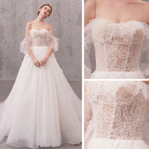 Illusion Ivory See-through Wedding Dresses 2020 A-Line / Princess Scoop Neck Short Sleeve Appliques Lace Beading Pearl Chapel Train Ruffle