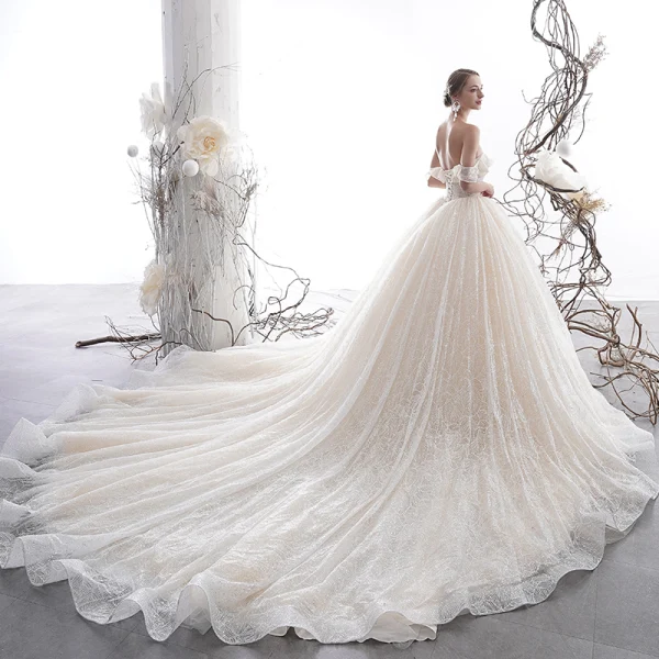 Luxury / Gorgeous Champagne Wedding Dresses 2020 A-Line / Princess Off-The-Shoulder Short Sleeve Backless Glitter Tulle Appliques Lace Sequins Beading Cathedral Train Ruffle