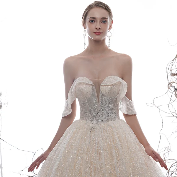 Luxury / Gorgeous Champagne Wedding Dresses 2020 A-Line / Princess Off-The-Shoulder Short Sleeve Backless Glitter Tulle Appliques Lace Sequins Beading Cathedral Train Ruffle