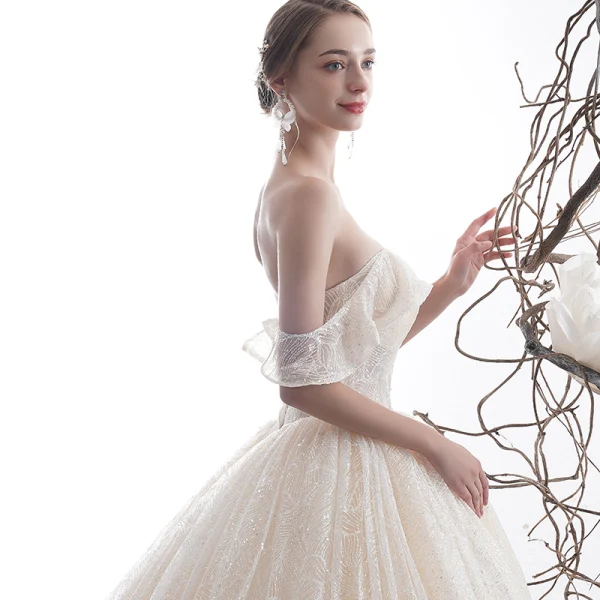 Luxury / Gorgeous Champagne Wedding Dresses 2020 A-Line / Princess Off-The-Shoulder Short Sleeve Backless Glitter Tulle Appliques Lace Sequins Beading Cathedral Train Ruffle