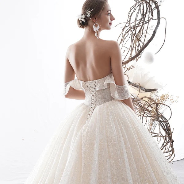 Luxury / Gorgeous Champagne Wedding Dresses 2020 A-Line / Princess Off-The-Shoulder Short Sleeve Backless Glitter Tulle Appliques Lace Sequins Beading Cathedral Train Ruffle