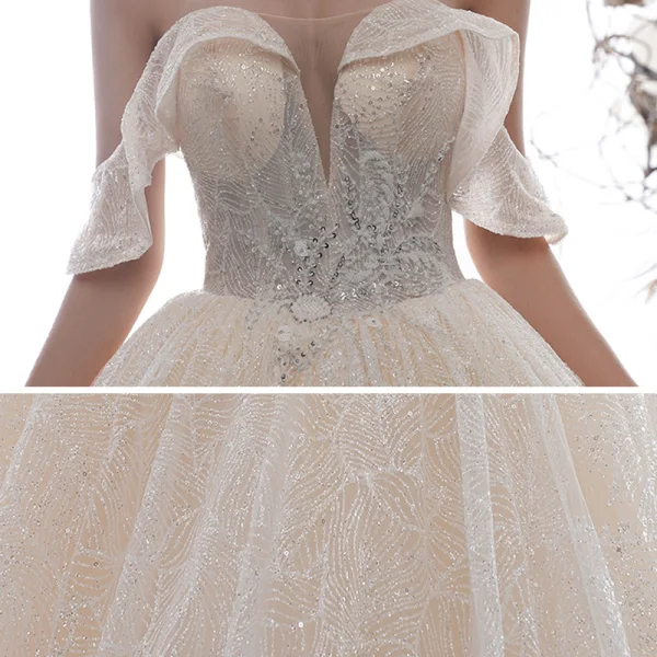 Luxury / Gorgeous Champagne Wedding Dresses 2020 A-Line / Princess Off-The-Shoulder Short Sleeve Backless Glitter Tulle Appliques Lace Sequins Beading Cathedral Train Ruffle