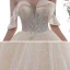 Luxury / Gorgeous Champagne Wedding Dresses 2020 A-Line / Princess Off-The-Shoulder Short Sleeve Backless Glitter Tulle Appliques Lace Sequins Beading Cathedral Train Ruffle