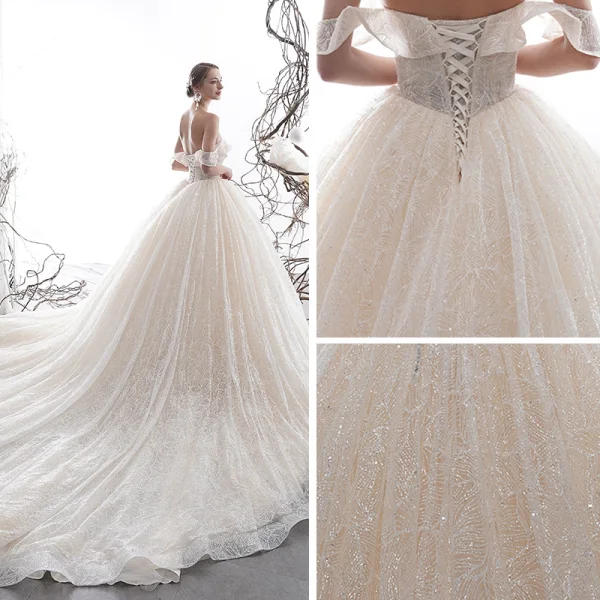 Luxury / Gorgeous Champagne Wedding Dresses 2020 A-Line / Princess Off-The-Shoulder Short Sleeve Backless Glitter Tulle Appliques Lace Sequins Beading Cathedral Train Ruffle