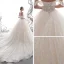Luxury / Gorgeous Champagne Wedding Dresses 2020 A-Line / Princess Off-The-Shoulder Short Sleeve Backless Glitter Tulle Appliques Lace Sequins Beading Cathedral Train Ruffle