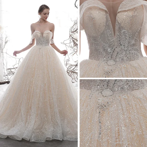 Luxury / Gorgeous Champagne Wedding Dresses 2020 A-Line / Princess Off-The-Shoulder Short Sleeve Backless Glitter Tulle Appliques Lace Sequins Beading Cathedral Train Ruffle
