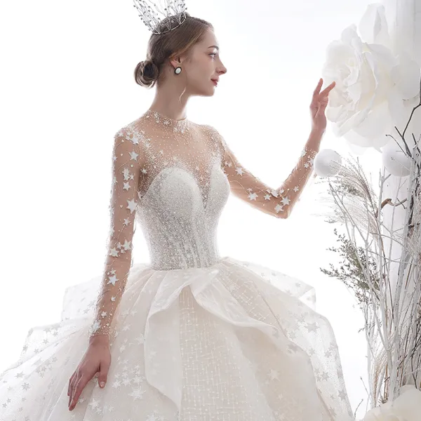 Stunning Ivory See-through Star Wedding Dresses 2020 Ball Gown High Neck Long Sleeve Backless Glitter Tulle Handmade  Beading Cathedral Train Ruffle