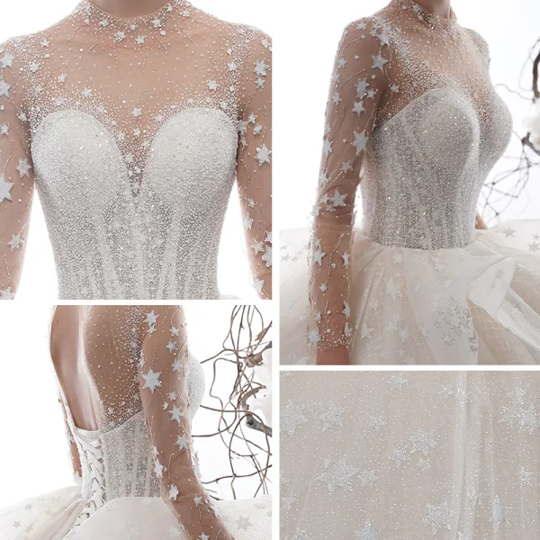 Étourdissant Ivoire Transparentes Étoile Robe De Mariée 2020 Robe Boule Col Haut Manches Longues Dos Nu Glitter Tulle Fait main Perlage Cathedral Train Volants