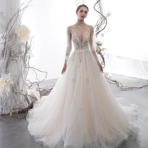 Sexy Champagne See Through Wedding Dresses 2020 A Line Princess High Neck Puffy Long Sleeve Appliques Lace Beading Pearl Chapel Train Ruffle