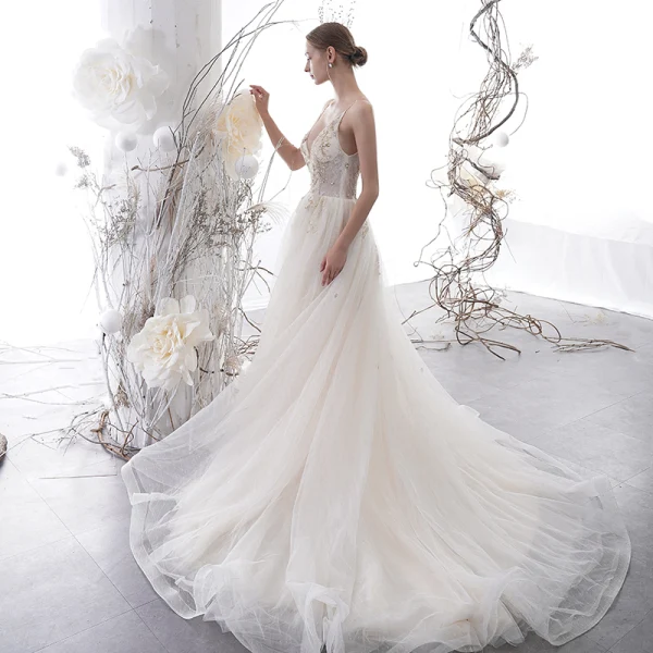 Sexy Champagne See-through Wedding Dresses 2020 A-Line / Princess High Neck Puffy Long Sleeve Appliques Lace Beading Pearl Chapel Train Ruffle