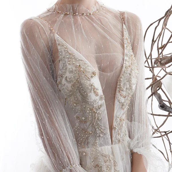 Sexy Champagne See-through Wedding Dresses 2020 A-Line / Princess High Neck Puffy Long Sleeve Appliques Lace Beading Pearl Chapel Train Ruffle